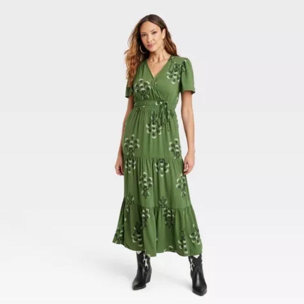 NWT Knox Rose - Women's Short Sleeve A-Line Maxi Dress in Moss Green - Size M